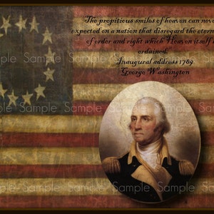 Op de afbeelding: Een vintage afbeelding van George Washington, de eerste president van de Verenigde Staten, tegen een achtergrond van een Amerikaanse vlag. Boven de afbeelding staat de quote "De gunstige glimlachen van de hemel kunnen nooit worden verwacht van een natie die de eeuwige regels van orde en recht negeert die de hemel zelf heeft vastgesteld." De quote wordt toegeschreven aan George Washington en dateert uit 1789.
