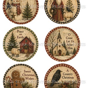 Op de afbeelding: Zes ronde decoratieve prints met kerstthema's, waaronder een sneeuwpop, de Kerstman met een schaap, een rode schuur, een kerk, een peperkoekmannetje en een kraai, elk met een geruite rand en de tekst 2026 STARR MOUNTAIN PRIMITIVE PRINTS.