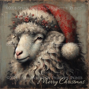 Primitieve boerderij kerst schapen in kerstmuts portret afdrukbaar olieverfschilderij jpeg digitale kunst afbeelding label hang tag 8 x 8 afdrukken canvas