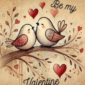 Arte popular primitivo: árbol de corazones y pájaros del amor para el día de San Valentín, imagen digital de 8 x 10, etiqueta para decoupage, adorno, letrero, impresión, lienzo, tarjeta