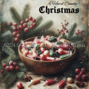 Primitive Farmhouse Vintage Hard Candy Christmas Greenery Berries Gingham Printable Jpeg Digital Print Decoupage Label Tag Ornament Canvas