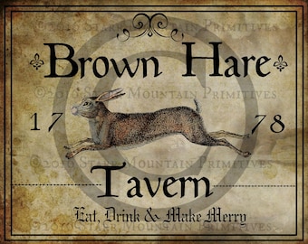 Primitive kolonialen Brown Hare Tavern Inn Zeichen Jpeg Digital Image Feedsack Logo Kissen Speisekammer Etiketten hängen Markierungen Crock Crate Kerze Label