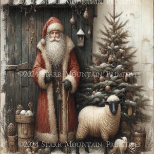 Primitive Farmhouse Grungy Old World Santa Claus Christmas Sheep Barn Printable 8x10 Jpeg Digital Print Decoupage Label Tag Ornament Card