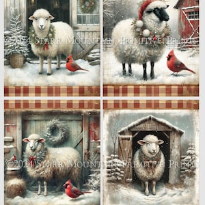 Primitive Farmhouse Winter Christmas Sheep in Barn Wreath Set of 4 4x5 Digital Image Printable Decoupage Label Hang Tag Ornament Sign Print