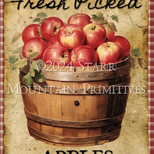 Primitive Gingham Vintage Werbung Frisch gepflückter Apfelkorb Printable Jpeg 300 DPI Digitalbild Etikett Hangtag 8x10 Print Canvas