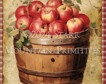 Può includere: Un barile di legno pieno di mele rosse, con il testo "Fresh Picked Apples" su uno sfondo in stile vintage.