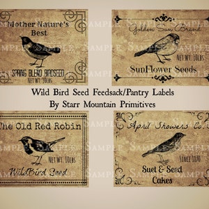 May include: Four vintage-style bird seed labels with illustrations of birds. The labels are printed on a brown paper background with black text and images. The labels read: "Mother Nature's Best", "Golden Sun Brand", "The Old Red Robin", and "April Showers Co."