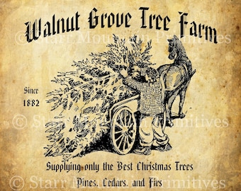 Primitive Vintage Christmas Tree Farm  Jpeg Image Great for Pillows Labels Hang tags Magnets Ornies