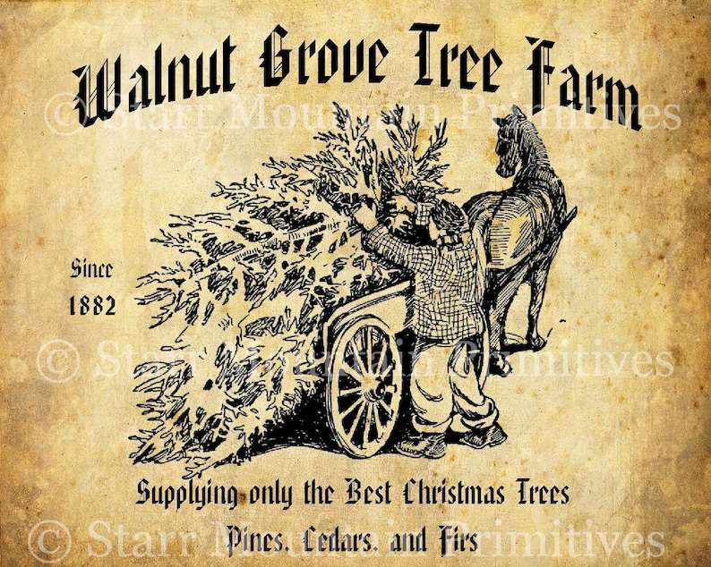 Primitive Vintage Christmas Tree Farm Jpeg Image Great for Pillows Labels Hang tags Magnets Ornies image 1