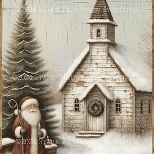 Primitive Farmhouse Inspirational Printable Christmas Church Chapel Tree Wreath Woodland Santa Claus 8x10 Jpeg Digital Image Tag Print Card