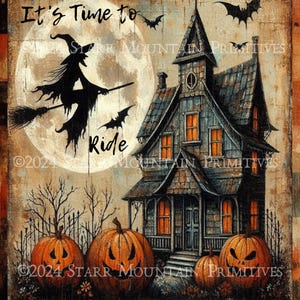 Puede incluir: Una ilustración vintage de Halloween con una bruja volando en una escoba frente a una luna llena. La bruja está silueteada contra la luna. El texto "It's Time to Ride" está escrito sobre la bruja. Una casa encantada con ventanas iluminadas está en el fondo. Tres calabazas talladas con caras de miedo están en primer plano.