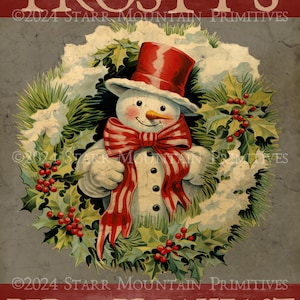 May include: A vintage-style illustration of a snowman wearing a red hat and scarf, surrounded by a holly wreath with red berries. The text "FROSTY'S BED & BREAKFAST" is displayed in a red banner at the bottom of the image.