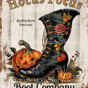 Primitive Vintage Werbung Halloween Hokus Pokus Hexe Boot Company JOL 8 x 10 druckbare Metallschild Jpeg Digitalbild Label Tag Print