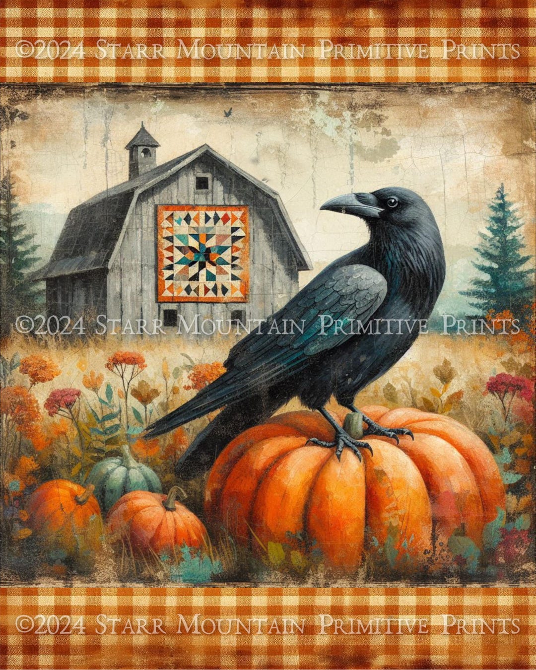 Primitive Fall Autumn Raven Crow Pumpkin Meadow Barn Quilt Printable ...