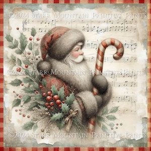 Primitive Farmhouse Christmas Santa Claus Candy Cane Instant Download JPEG 8x8 Printable Print Sublimation Decoupage Cans Label Tag Canvas