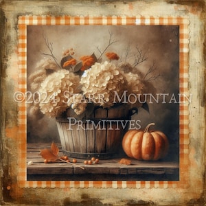 Primitiver Herbst Herbst Hortensien Strauß Holzeimer Kürbis Print Label Jpeg Digital Bild Printable 8x8 Tag Leinwand Decoupage Reispapier