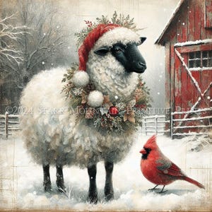 Primitieve boerderij kerst schapen in schuur krans kardinaal afdrukbare 8 x 10 jpeg digitale print decoupage label hang tag ornament kaart canvas