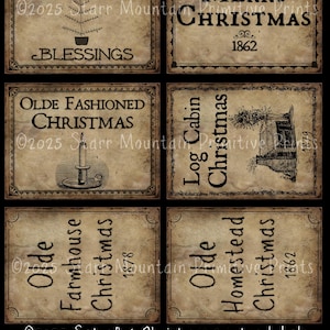 May include: Set of six vintage-style Christmas pantry labels with text like "Christmas," "Merry Christmas," and "Olde Fashioned Christmas." The labels are rectangular with decorative borders and aged paper textures. Sizes are 3" x 4" and 4" x 3".