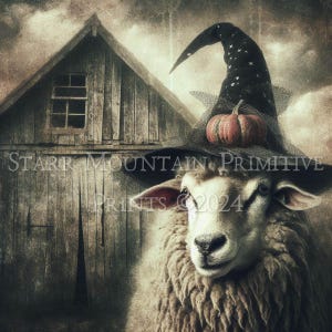 Primitieve boerderij Halloween schapen in heksenhoed schuur afdrukbare olieverfschilderij jpeg 300 DPI digitale kunst afbeeldingslabel hang tag 8 x 8 afdrukken canvas afdrukken