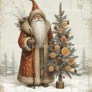 Primitive Farmhouse Chippy Old World Woodland Santa Claus Noël imprimable Jpeg numérique impression étiquette de découpage étiquette volante ornement 8 x 8