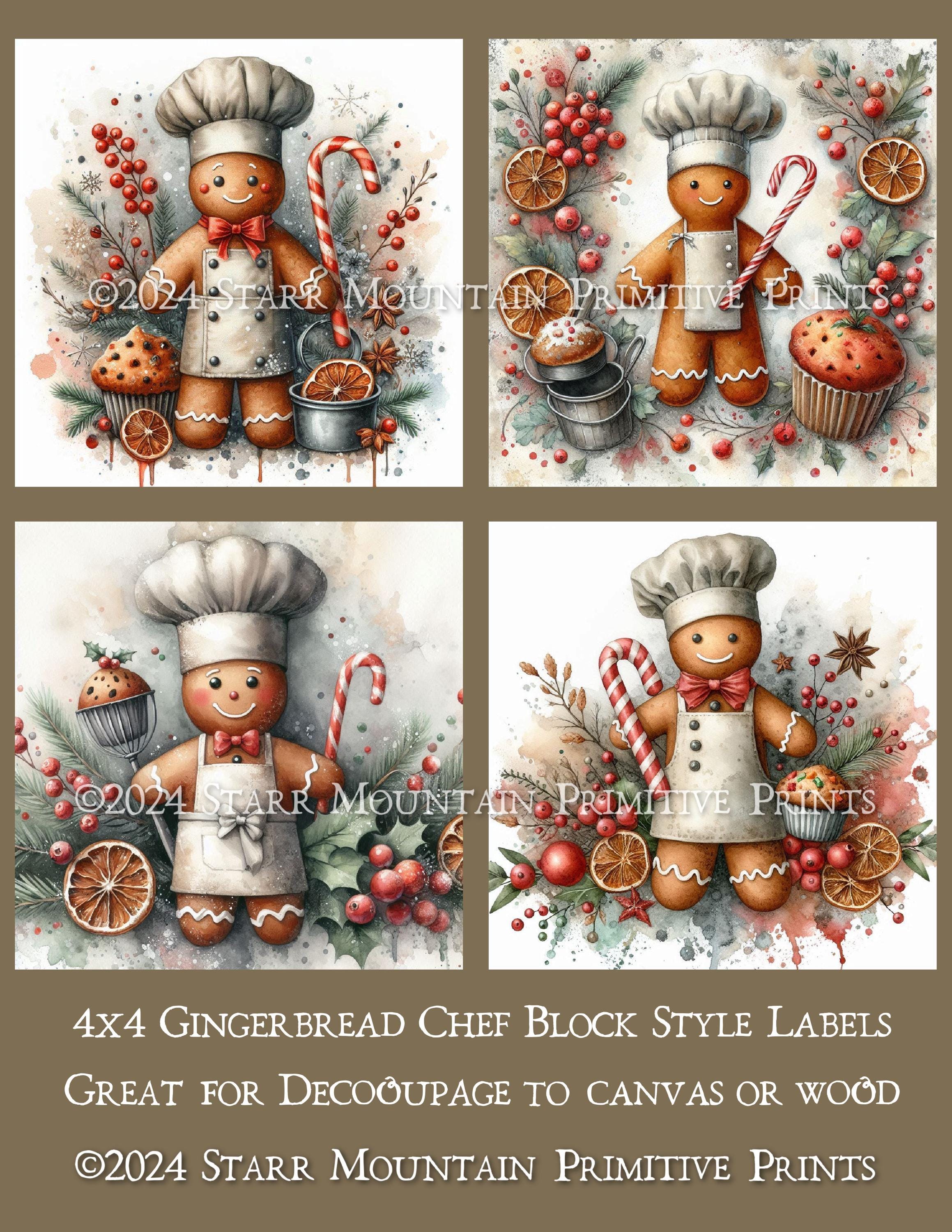 Primitive Whimsical Farmhouse Gingerbread Man Chef Hat Candy Cane Christmas Set 4, 4x4" Digital Printable Label Hang Tag Ornament Magnet