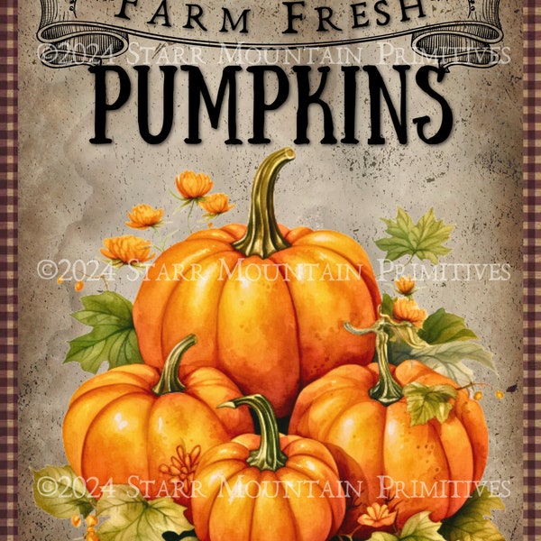 Primitive Country Farm Fresh Pumpkins Fall Harvest Printable Jpeg 300 DPI Digital Image Pillow Label Hang Tag Magnet Print