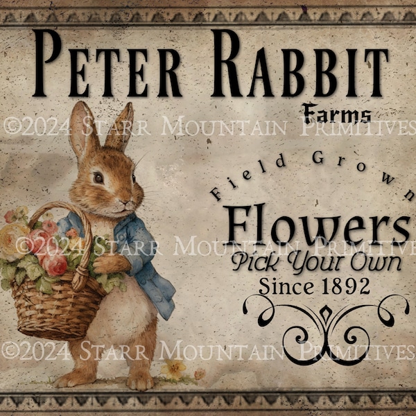 Primitive Vintage Peter Rabbit Farm Flowers Spring Printable Jpeg 300 DPI Digital Image Pillow Pantry Label Hang tag Magnet Ornament