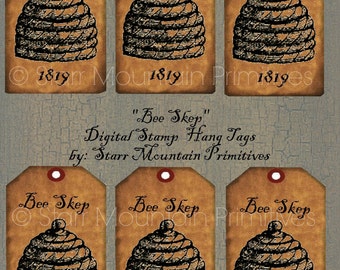 Prymitywne Bee Skep Jpeg cyfrowy Hang tags