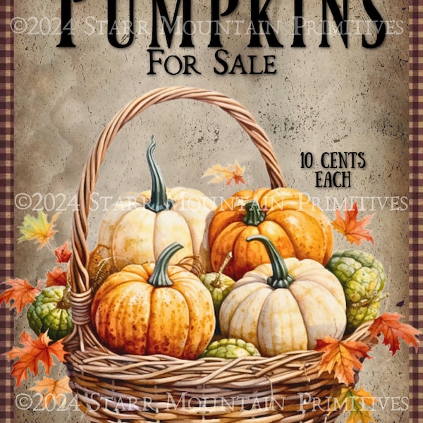 Primitive Country Pumpkins For Sale Autumn Fall Harvest Printable Jpeg 300 DPI Digital Image Pillow Label Hang Tag Magnet Ornament Print