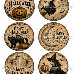 May include: A sheet of six circular 3.25 inch stickers featuring vintage-style Halloween illustrations. Designs include a jack-o'-lantern, a witch on a broomstick, a black cat, a crescent moon, a ghost, and a witch holding a pumpkin, all with text.