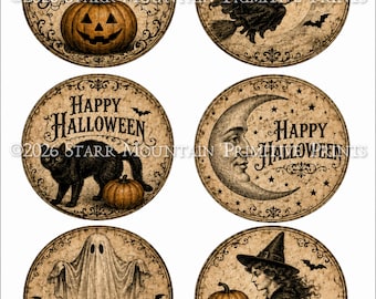 Primitive Vintage Halloween JOL Black Cat Witch Ghost Moon Set of 6 3.25" Round Digital Image Printable Label Hang Tag Ornament Magnet Sign