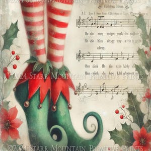 May include: Green elf shoes with red and white striped stockings. The shoes have a pointed toe and a curled up heel. The background is a vintage sheet music with the words "Christmas Hymn" and a few lines of music.