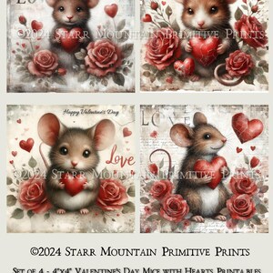 Conjunto de 4 ratones con corazones y rosas para el día de San Valentín, 4 x 4, imagen digital, imprimible, etiqueta para colgar, adorno, letrero, lienzo impreso