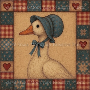 Puede incluir: Una impresión de estilo arte popular de un ganso con un gorro azul y un lazo. El ganso está sobre un fondo beige y enmarcado por un borde de cuadrados rojos y azules con corazones y estrellas. El texto "©2026 STARR MOUNTAIN PRIMITIVE PRINTS" es visible.