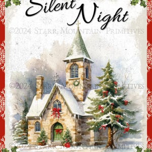 Primitive Farmhouse Inspirational Printable Christmas Church Chapel Tree Silent Night Snow Jpeg Digital Image Pillow Label Tag Ornament