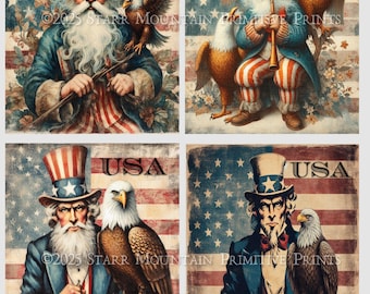 Primitive Patriotic Americana American Flag Uncle Sam Eagle Printable Set of 4 4"x5" Jpeg Digital Image Label Hang Tag Card Decoupage print
