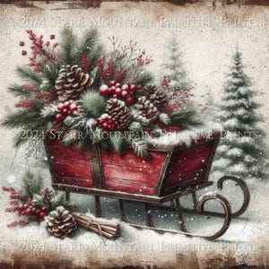 NOUVELLE TAILLE 12 x 12 ferme primitive hiver Noël traîneau verdure neige houx imprimable Jpeg signe numérique toile image Imprimez le vôtre !