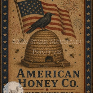 May include: A vintage-style print featuring an American flag, a raven perched atop a beehive, and fireworks. The text reads "American Honey Co. Sweet Summer Treat." The print has a rustic, patriotic theme with a blue star border.