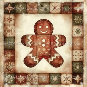 Peut inclure: Illustration d'un bonhomme en pain d'épices souriant, orné de zigzags blancs et de flocons de neige. L'image est encadrée par une bordure de carrés à motifs dans les tons marron, vert et crème. Le texte "©2024 STARR MOUNTAIN PRIMITIVE PRINTS" est visible.