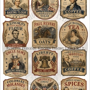 May include: A collection of vintage-style pantry labels featuring patriotic themes and historical figures. The labels include names like Martha Washington, Betsy Ross, and Uncle Sam, with text such as "Baking Flour," "Granulated Sugar," and "Coffee."