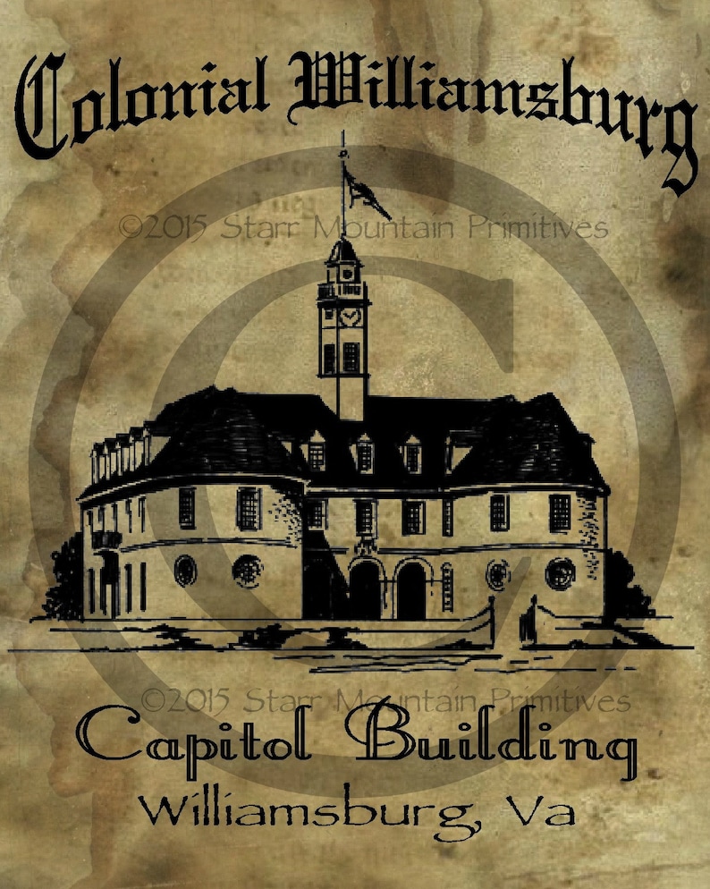 Primitive Colonial Williamsburg Capitol Building Jpeg Digital Image Feedsack Logo for Pillows Pantry Labels Hang tags Magnets Ornies image 1