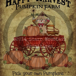Primitive Pumpkin Farm Fall Autumn Print Jpeg Digital Feedsack Logo Pillows Labels Hang tags Notecards Magnets Ornies Crock Jar Bottle Label