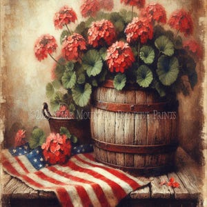 Primitive Farmhouse Patriotic Summer Americana American Flag Geraniums Flowers Printable Jpeg Digital Image Label Hang Tag Print 8x10 #4