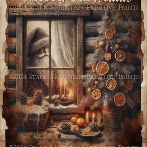 Primitif grungy Woodland père Noël cabane en rondins fenêtre brindille de Noël arbre imprimable Jpeg impression numérique découpage étiquette étiquette ornement 8 x 10