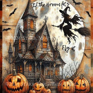 Casa mal-assombrada de Halloween primitiva, lua de bruxa, Jack O Lantern, JOL Chippy, pintura 8x10, impressão em Jpeg, imagem digital, etiqueta, impressão em tela