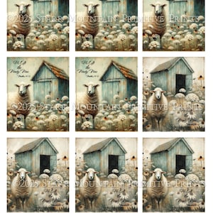 Versículo bíblico inspirador primitivo de primavera Dejó las 99 ovejas Granero azul Juego de 9, etiqueta de decoupage imprimible con imagen digital de 2,5 x 3