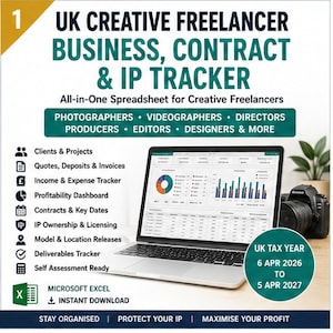 May include: A digital spreadsheet template titled UK Creative Freelancer Business, Contract & IP Tracker for Microsoft Excel. The interface displays a dashboard with charts, project lists, and financial tracking tools for photographers and designers.