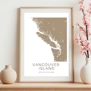 Carte numérique des îles de Vancouver | Art mural beige minimaliste | Voyage au Canada Impression | Décoration de maison côtière moderne | Carte imprimable de la Colombie-Britannique