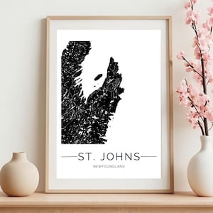 St. John&#39;s Newfoundland-kaart afdrukken | Zwart-witte digitale muurkunst | Poster Canada-stad | Moderne minimalistische kaart