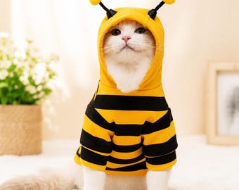 Bee Dog Costume & Cat Hoodie, Bumblebee Pet Outfit, Yellow Black Striped Costume for Small Dogs and Cats, Cute Halloween Pet Clothing